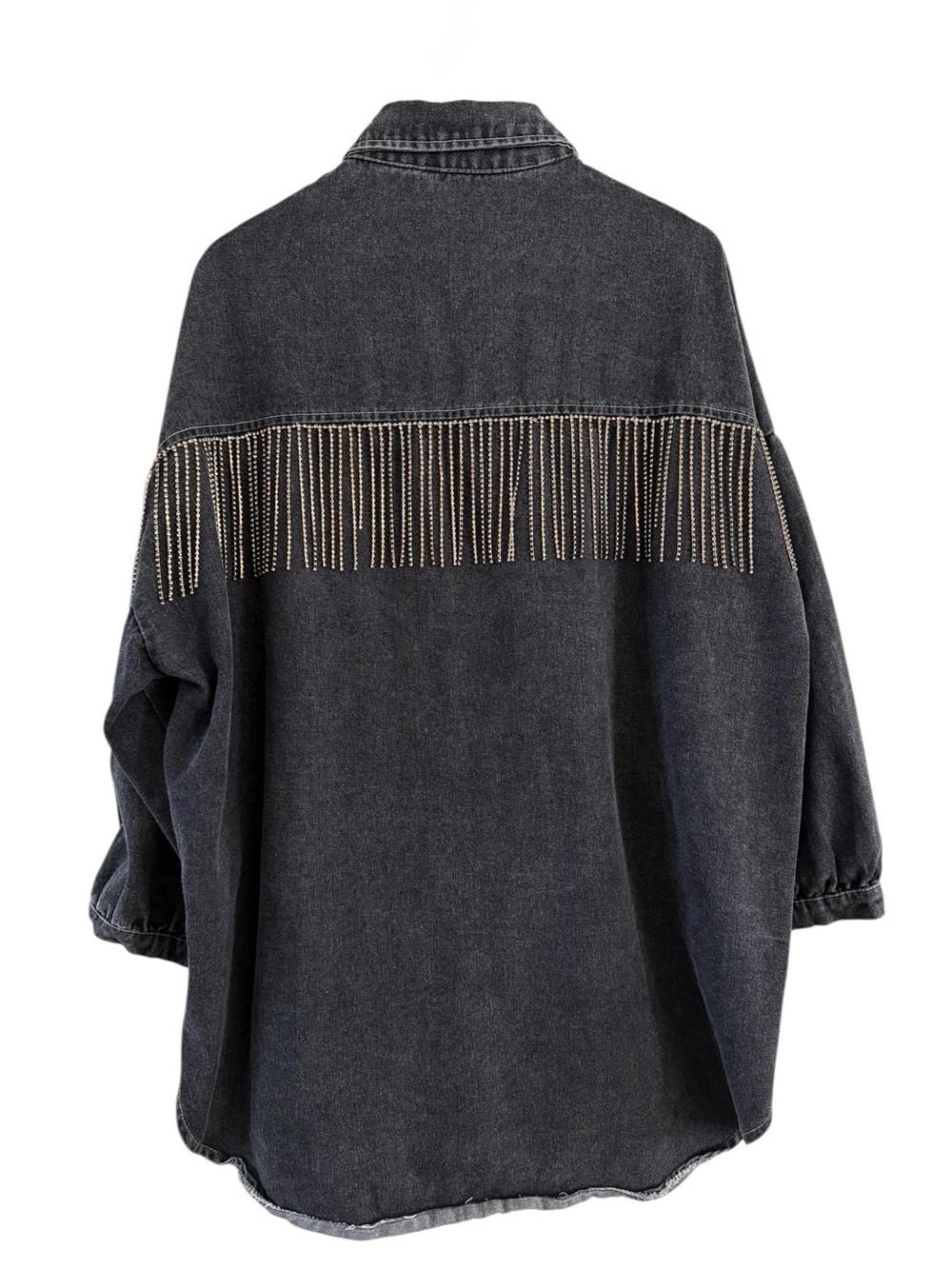 Oversized Denim Shirt Faux Diamond Boho Fringe 3/4 Sleeves Faded Black Size M/L